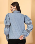Women Solid Light Blue Denim Buttoned Top