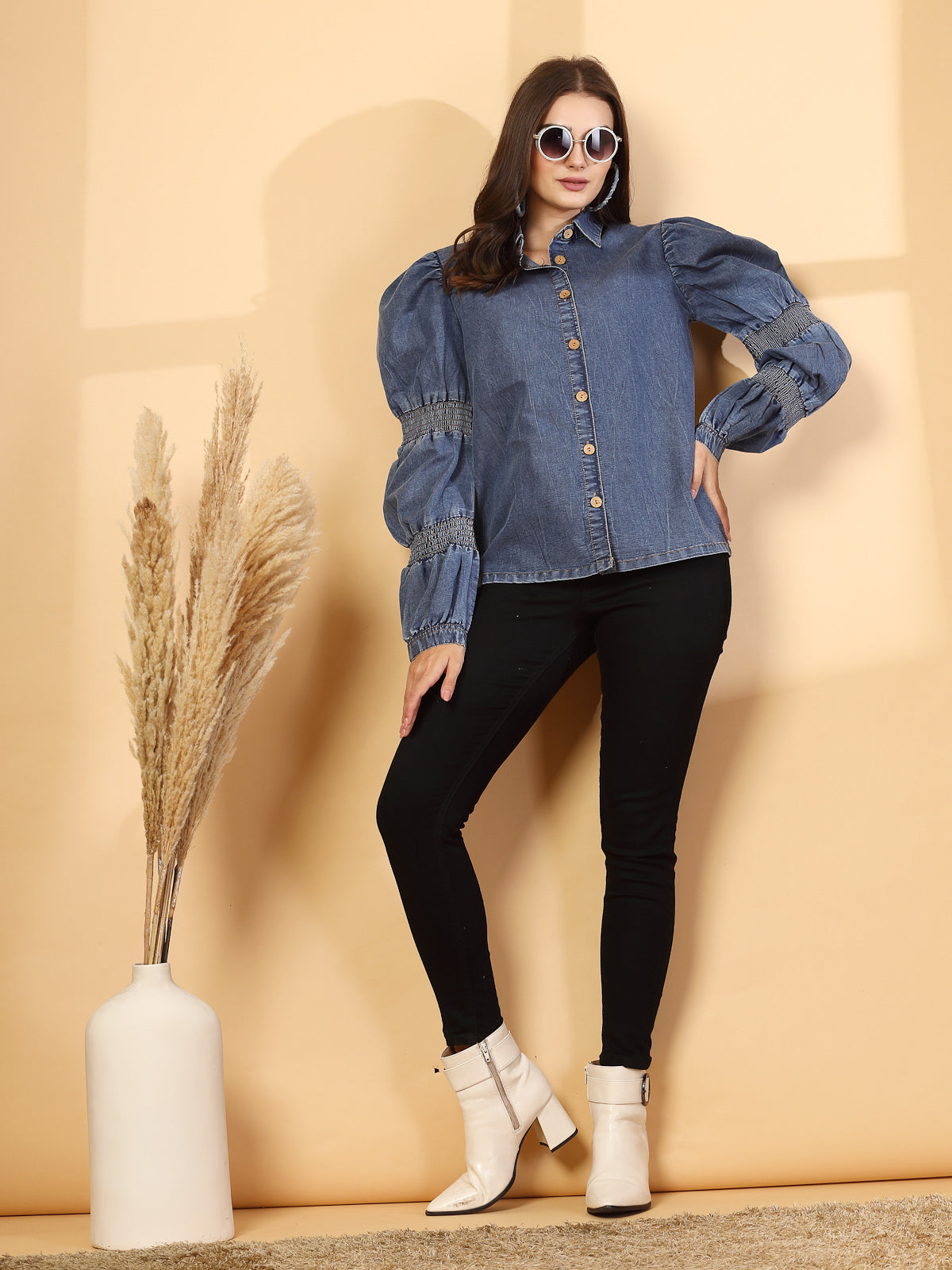 Women Solid Blue Denim Shirt