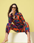 Orange & Blue Abstract Printed Long Sleeves Shirt & Trouser
