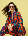 Orange & Blue Abstract Printed Long Sleeves Shirt & Trouser