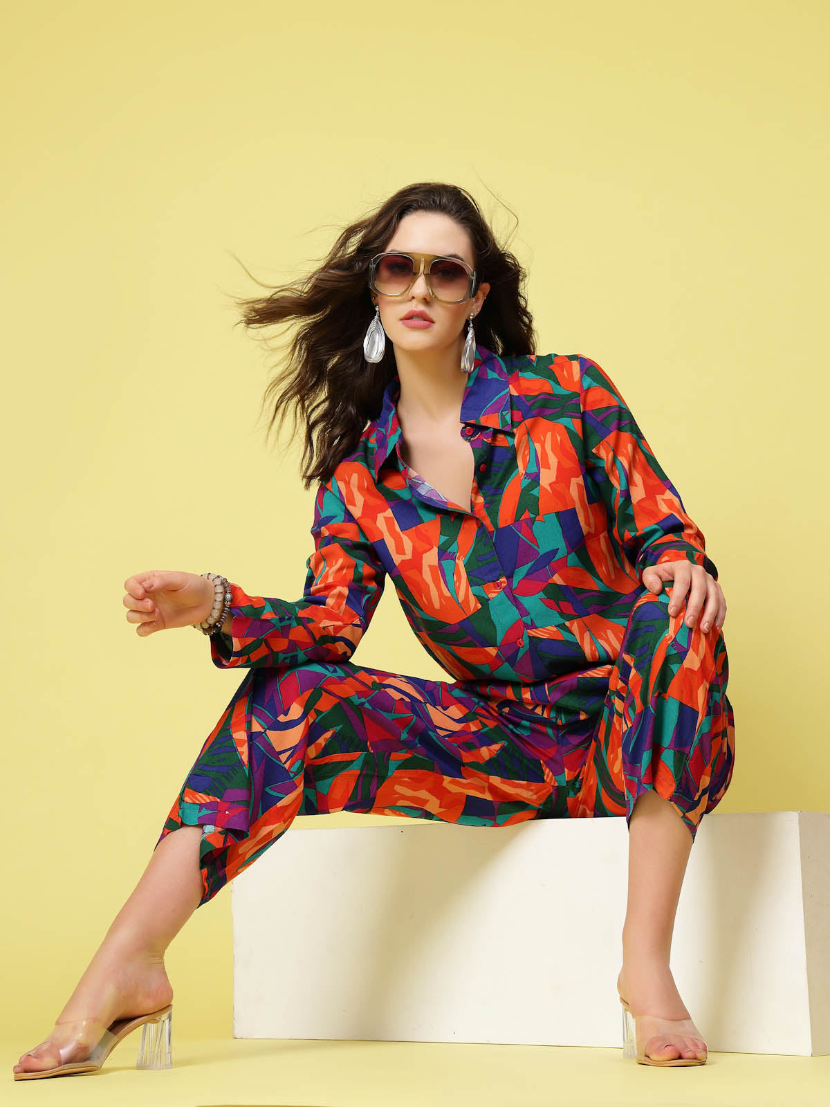Orange &amp; Blue Abstract Printed Long Sleeves Shirt &amp; Trouser