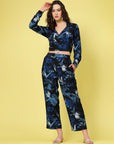 Navy Blue  White Printed Shirt Collar Crop Top  Trousers