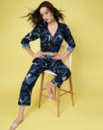 Navy Blue  White Printed Shirt Collar Crop Top  Trousers