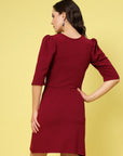 Maroon V-Neck Puff Sleeve Sheath Dress
