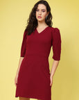Maroon V-Neck Puff Sleeve Sheath Dress