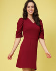 Maroon V-Neck Puff Sleeve Sheath Dress