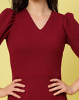 Maroon V-Neck Puff Sleeve Sheath Dress