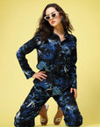 Navy Blue & White Printed Shirt Collar Shirt & Trouser