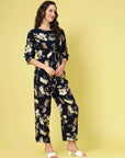Black  Beige Floral Printed Top With Trouser