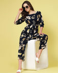 Black  Beige Floral Printed Top With Trouser