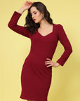 Maroon Square Neck Puff Sleeve Sheath Dress