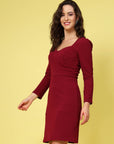 Maroon Square Neck Puff Sleeve Sheath Dress