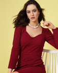 Maroon Square Neck Puff Sleeve Sheath Dress