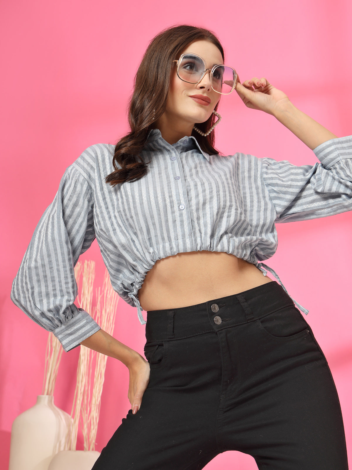 Blue Striped Cotton Crop Top