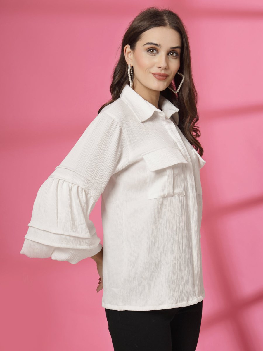 Women White Solid Spread Collar Casual Buttoned Top