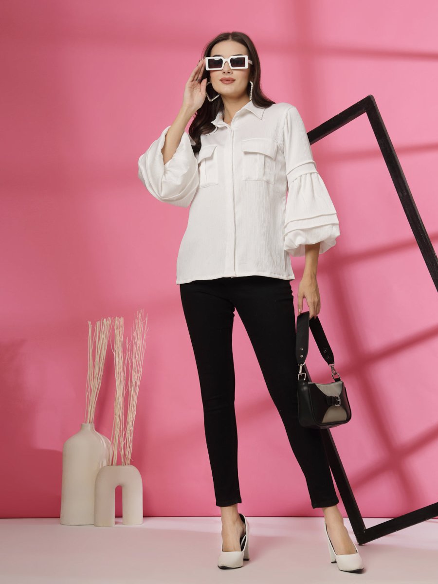 Women White Solid Spread Collar Casual Buttoned Top