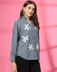 Women Blue Floral Embroidered Cotton Shirt