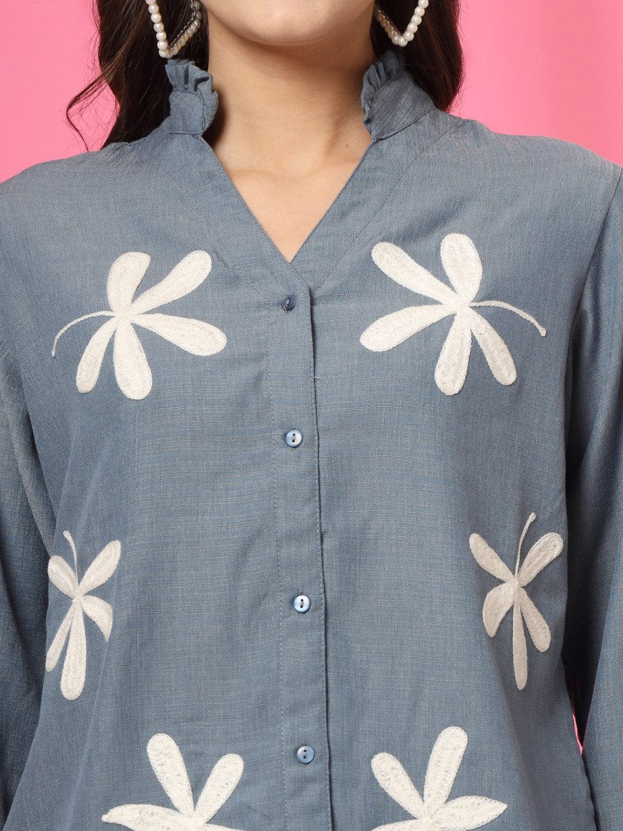 Women Blue Floral Embroidered Cotton Buttoned Top