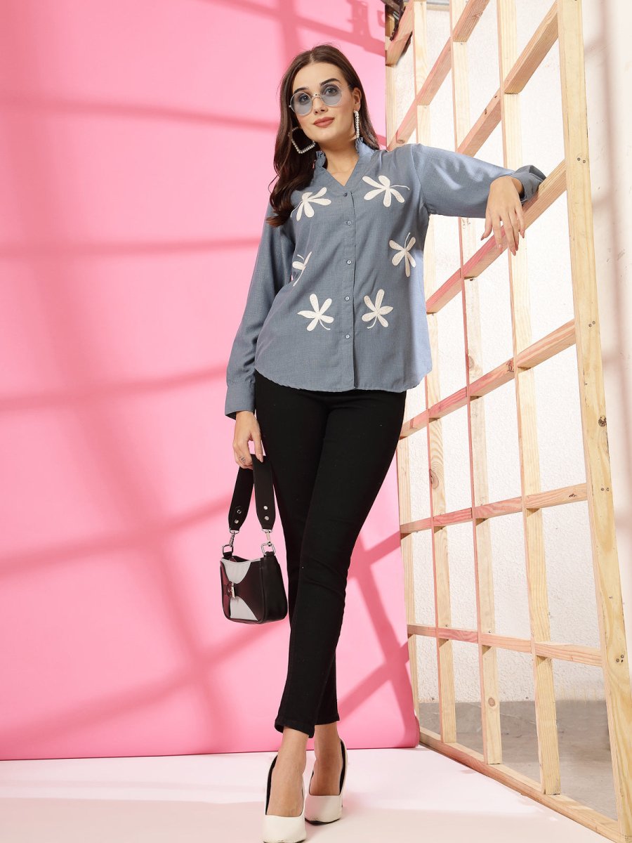 Women Blue Floral Embroidered Cotton Buttoned Top