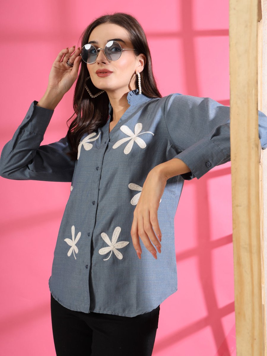 Women Blue Floral Embroidered Cotton Buttoned Top