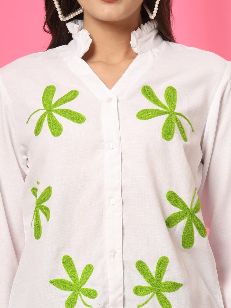 Women White Floral Embroidered Cotton Buttoned Top