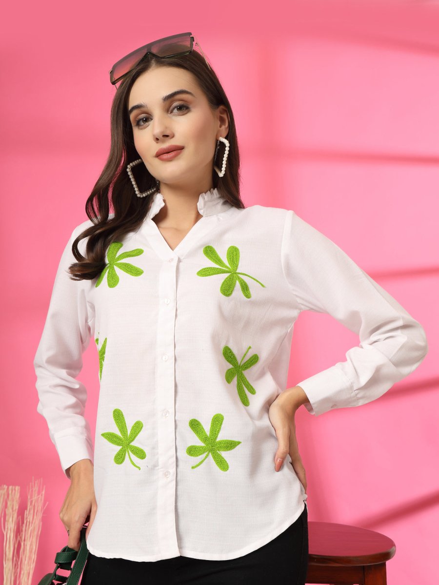 Women White Floral Embroidered Cotton Buttoned Top