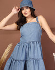 Women Shoulder Straps Cotton Fit & Flare Denim Dress