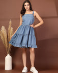 Women Shoulder Straps Cotton Fit & Flare Denim Dress