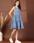 Women Shoulder Straps Cotton Fit & Flare Denim Dress