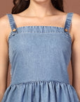 Women Shoulder Straps Cotton Fit & Flare Denim Dress