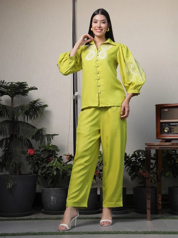 Shirt Collar Embroidered Cotton Shirt With Trousers Co-Ords Set