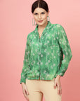 Green Floral Printed Cuban Collar Casual Shirt