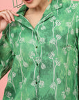 Green Floral Printed Cuban Collar Casual Shirt