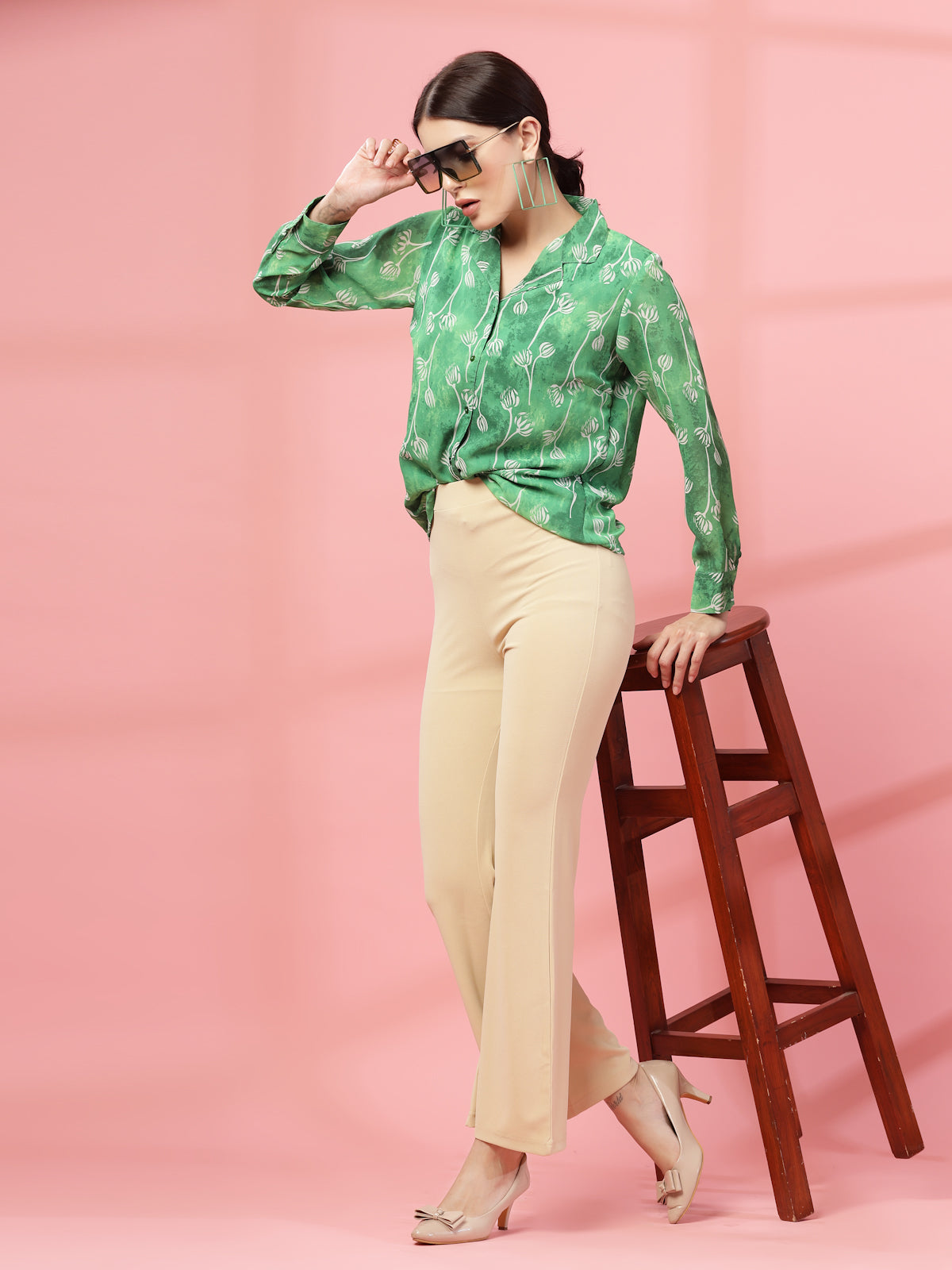 Green Floral Printed Cuban Collar Casual Shirt