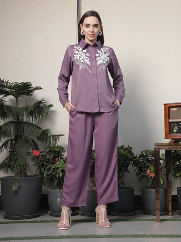 Shirt Collar Embroidered Cotton Shirt With Trousers Co-Ords Set