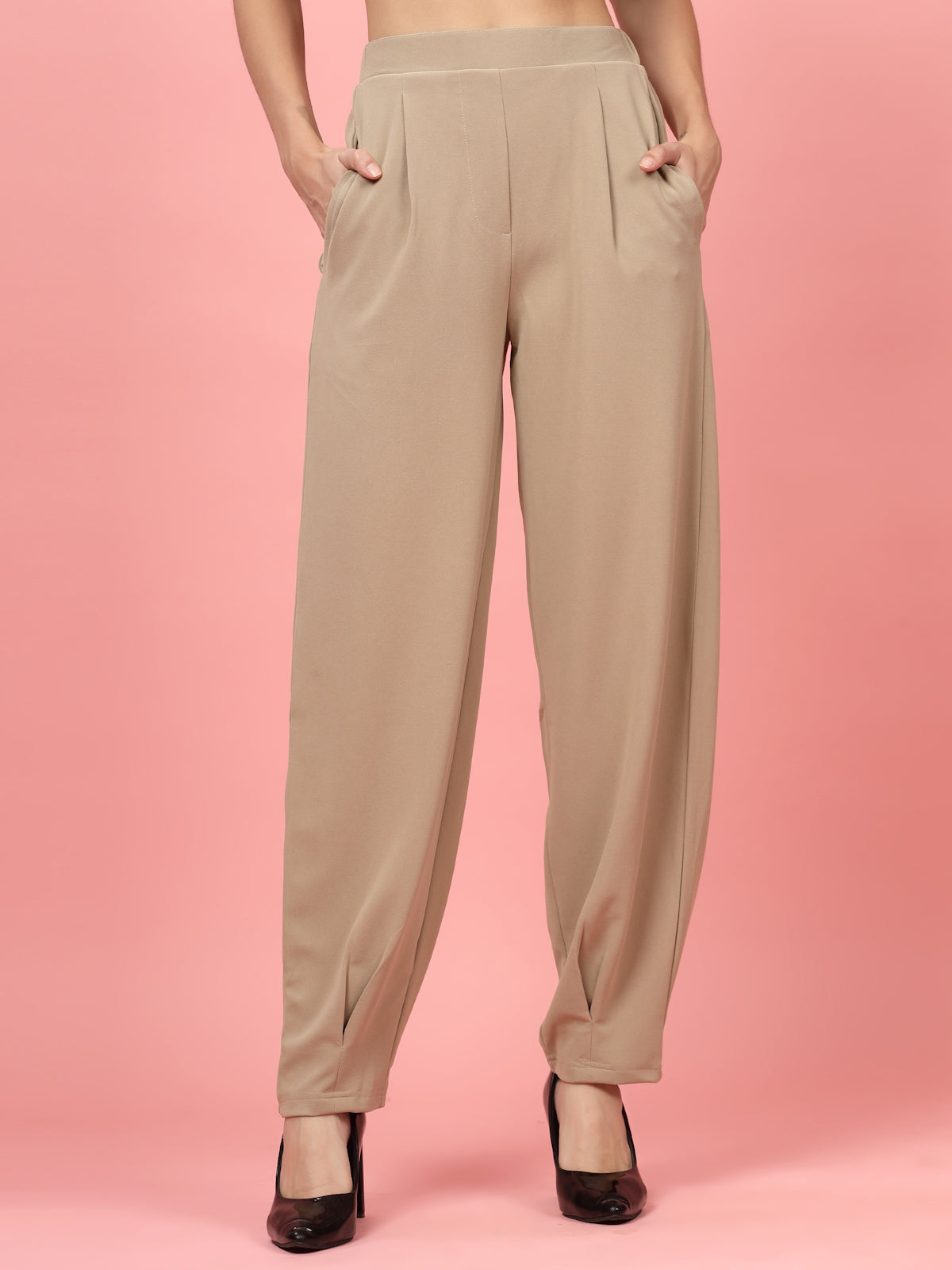 Women Nude Regular Fit Mid-Rise Pleated Trouser