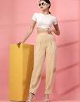 Women Beige Regular Fit Mid-Rise Pleated Trousers