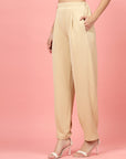 Women Beige Regular Fit Mid-Rise Pleated Trousers