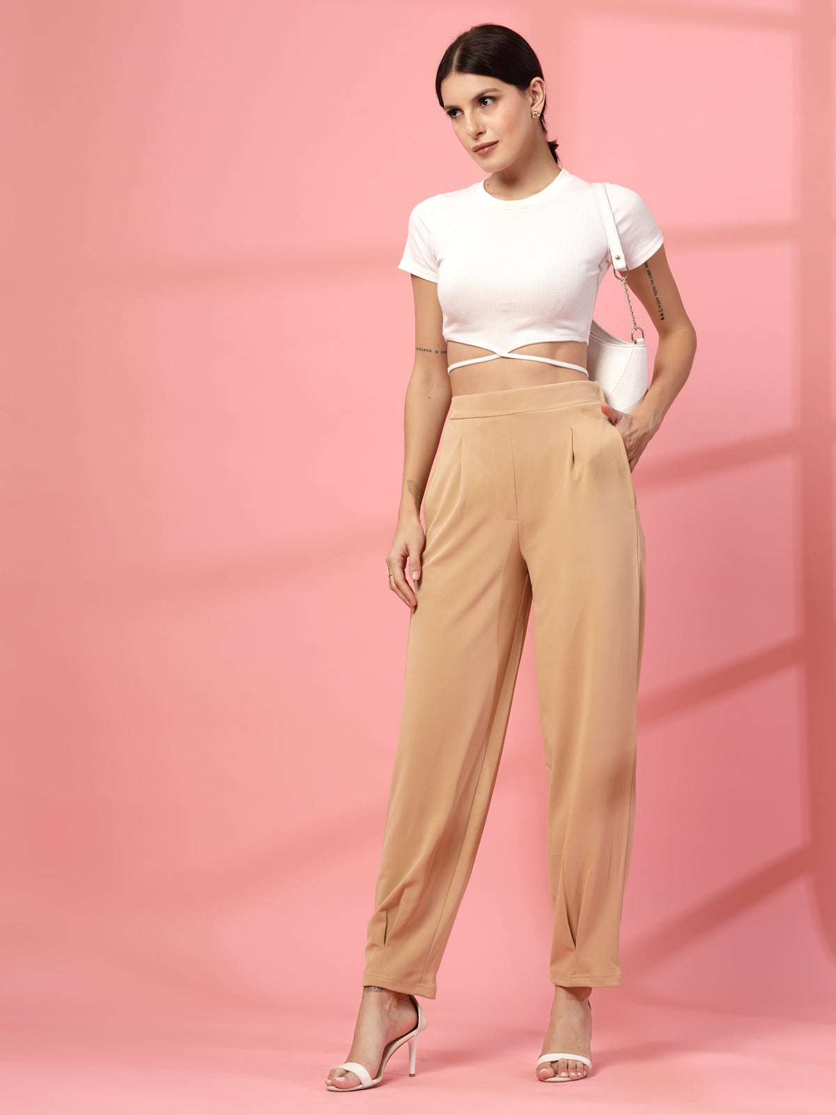 Women Nude Regular Fit Mid-Rise Pleated Trousers