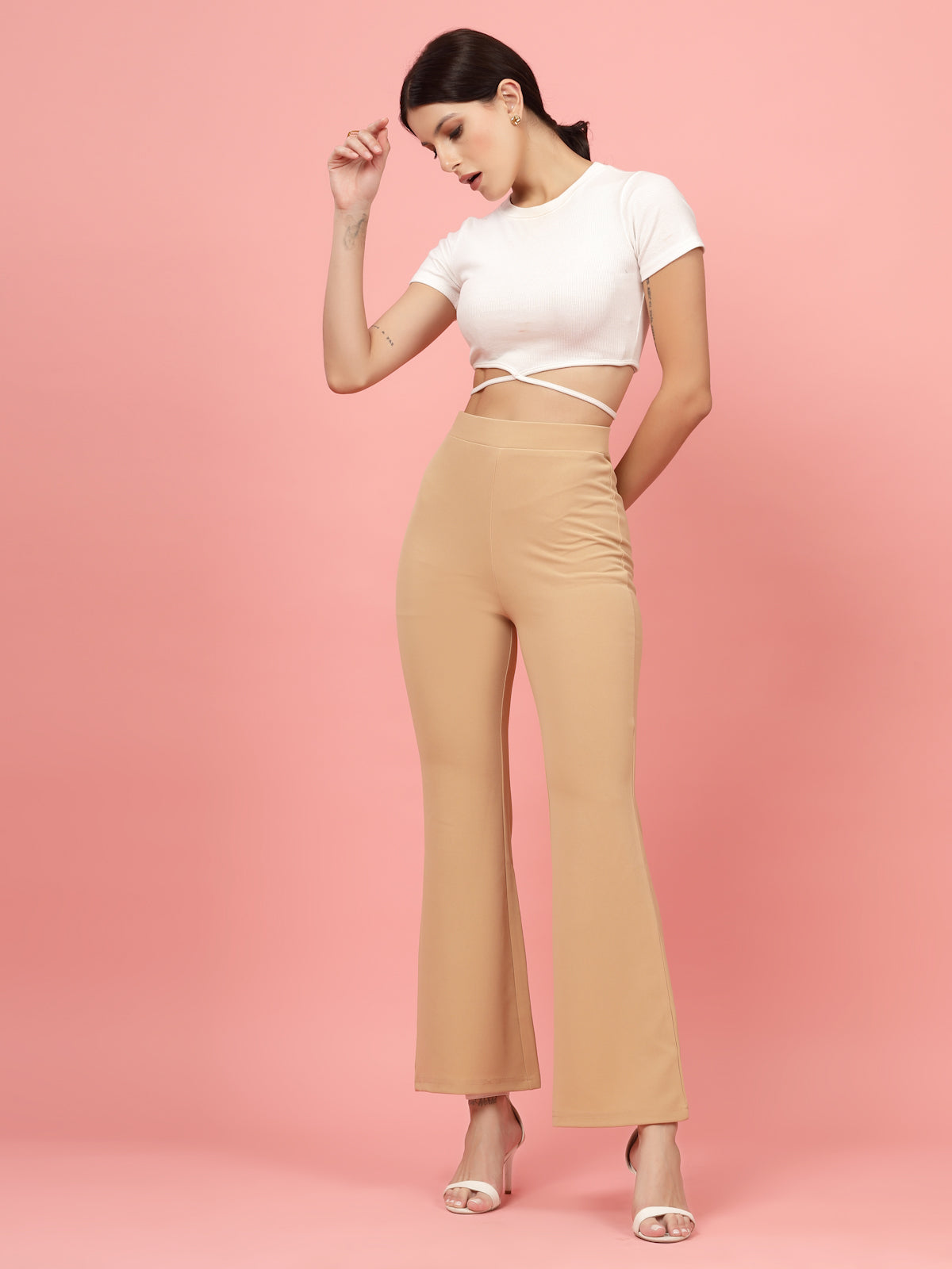 Women Nude Bootcut Regular Fit High-Rise Trouser