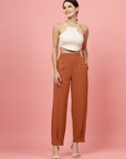 Women Rust Regular Fit Mid-Rise Pleated Trousers