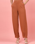 Women Rust Regular Fit Mid-Rise Pleated Trousers