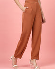 Women Rust Regular Fit Mid-Rise Pleated Trousers