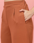 Women Rust Regular Fit Mid-Rise Pleated Trousers