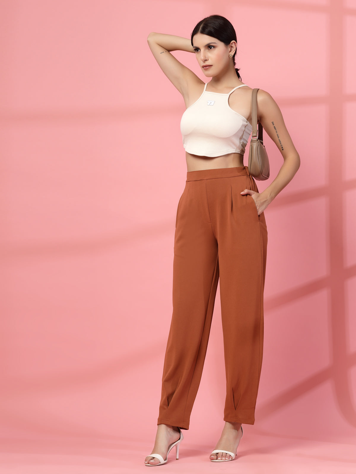 Women Rust Regular Fit Mid-Rise Pleated Trousers