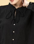 Self Design Tie-Up Neck Cuffed Sleeves A-Line Top