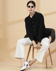 Self Design Tie-Up Neck Cuffed Sleeves A-Line Top