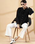Self Design Tie-Up Neck Cuffed Sleeves A-Line Top