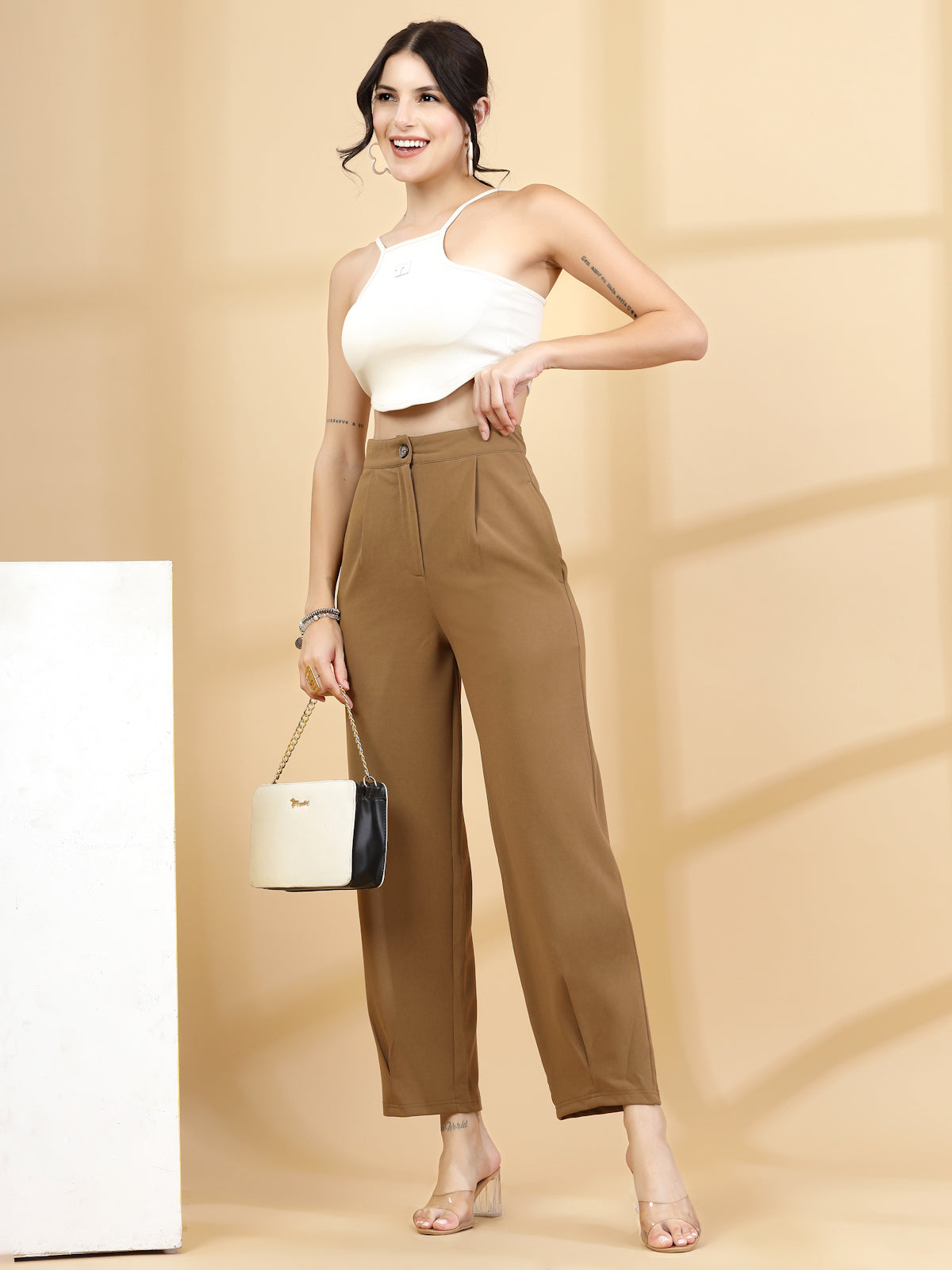 Women Brown Regular Fit Mid-Rise Parallel Trousers