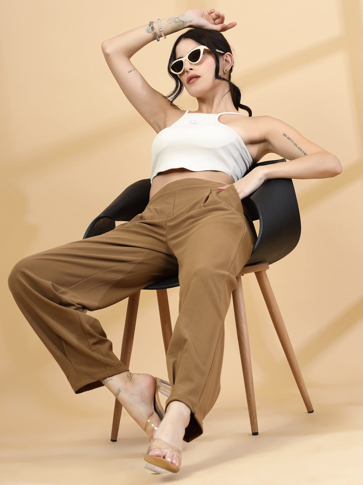 Women Brown Regular Fit Mid-Rise Pleated Trousers